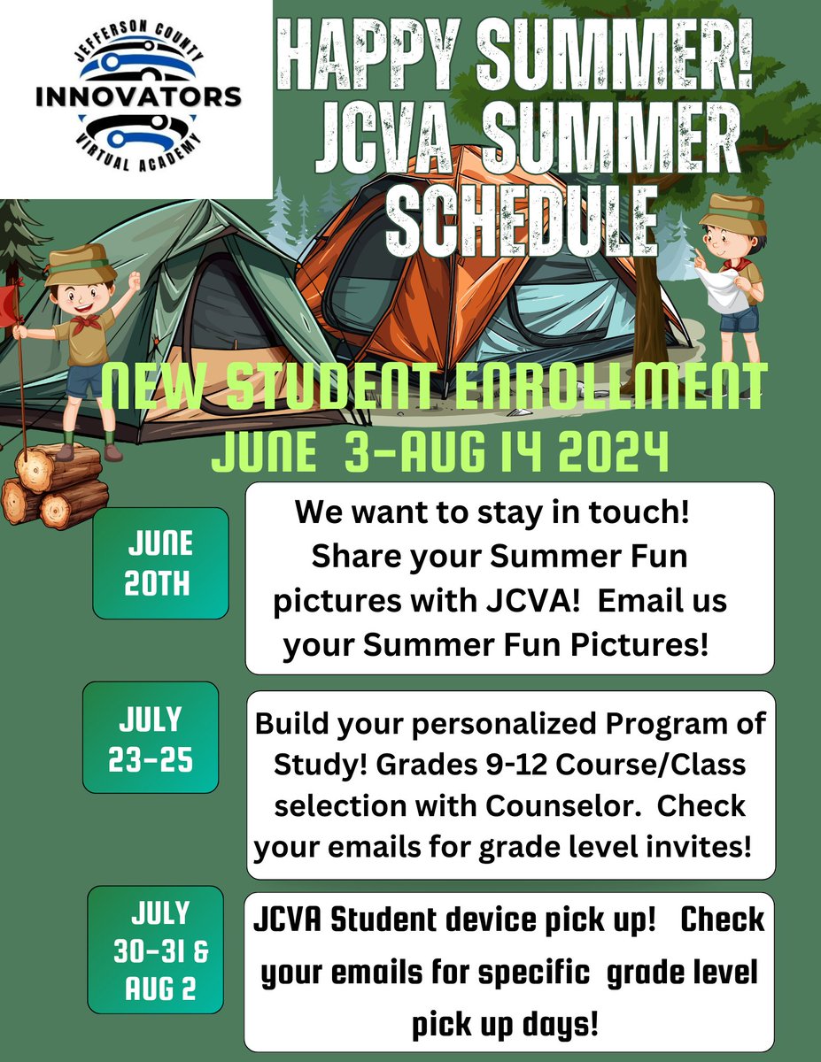DeborahScarlet9's tweet photo. Happy Summer JCVA Families and Students! Stay intouch with online learning dates for the coming school year. #Goinnovators https://t.co/qY2H0Rtg8p
