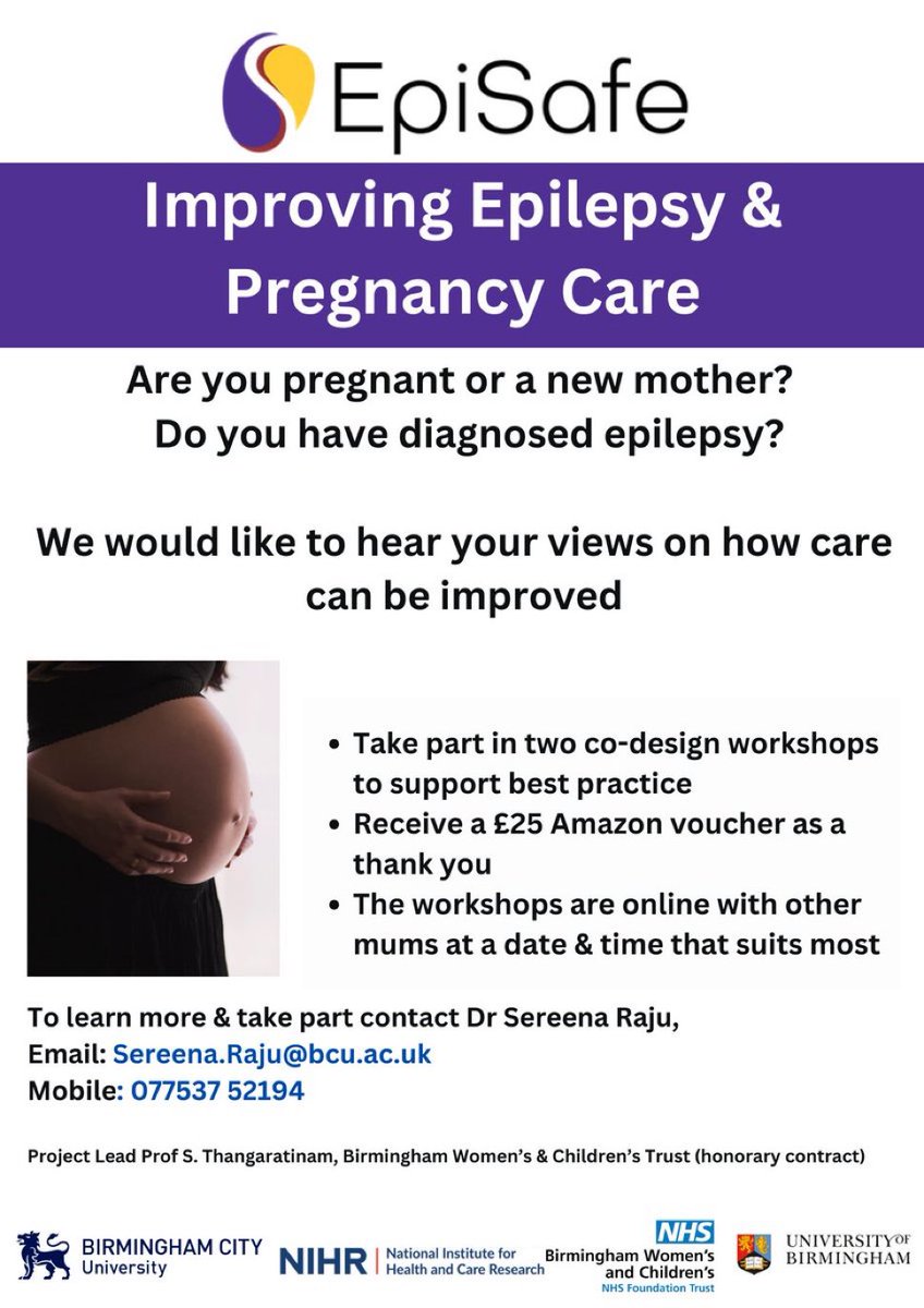 Exciting opportunity!🤰🍼If you're #pregnant or a #new #mother with #epilepsy, join our co-design workshops to #improve #care!  

ℹ️Contact Dr. Sereena Raju
📧Sereena.Raju@bcu.ac.uk
📞 077537 52194 
🪙Receive a £25 Amazon voucher

#EpilepsyResearch #EpiSafe #PPIE <a href="/Sereena58463990/">Sereena</a>