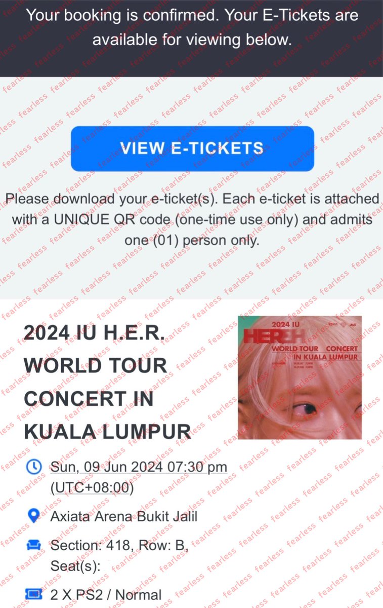 WTS IU HER WORLD TOUR CONCERT IN MALAYSIA TICKET

8 June
VVIP R x2 (Row H, side by side)

9 June
VVIP L x2 (Row K, side by side)
418 x2 (Row B, side by side)

DM pls

#IUinMY #IUinKL #HER #HER_World_Tour #HER_WORLD_TOUR_IN_KL #IUHERWorldTour
