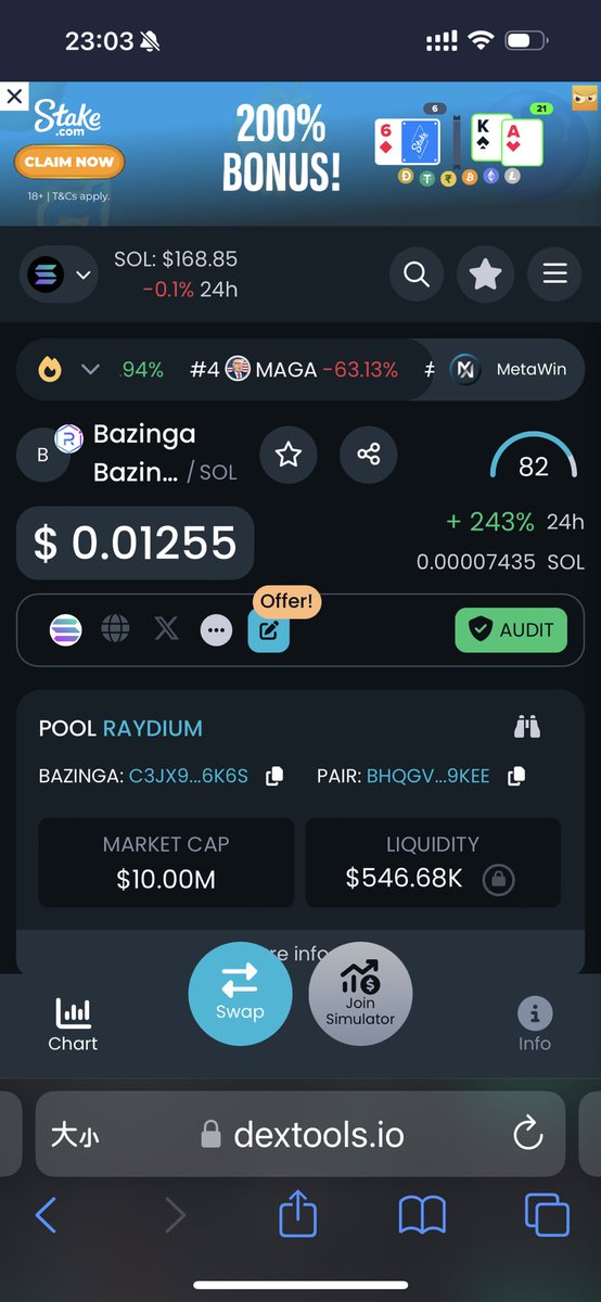 bazingahappy's tweet photo. Bome will reach 0.0169 soon and Bazinga marketcap already reach 10m first.

So for Bome, I never change my mind, will be $1 in the coming crazy bullish market.

For Bazinga, the meme culture is Defeating Boring. BUT! In fact, @memeisgame is building a big thing for Bazinga. You see the below screenshot, at the top it is https://t.co/naRMf7CF10 ads, old fashion 🎰. Let me tell you, https://t.co/wQRl0e4OZH is a big thing 🎰, https://t.co/jukVqCZO46 will do best one than pump, that is Bazinga!

So 10m marketcap in my mind, it is just a VERY early beginning. We will see and time tell. 

So, boring again? Let’s bazinga! Double 10m first.