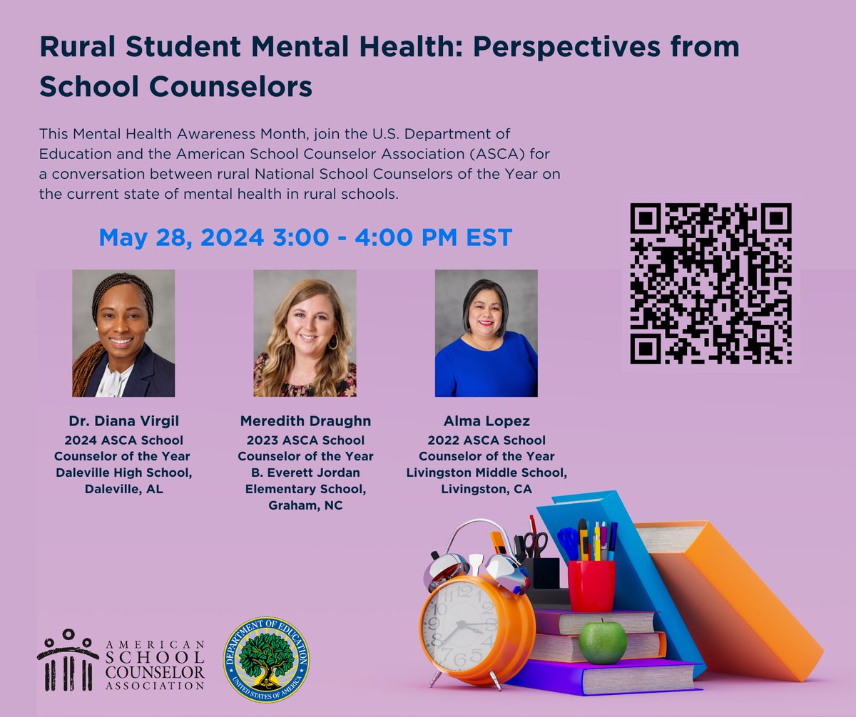 Today at 3 p.m., join @usedgov and rural National School Counselors of the Year for a conversation on the current state of mental health in rural schools. Register here: bit.ly/3KjTO2r