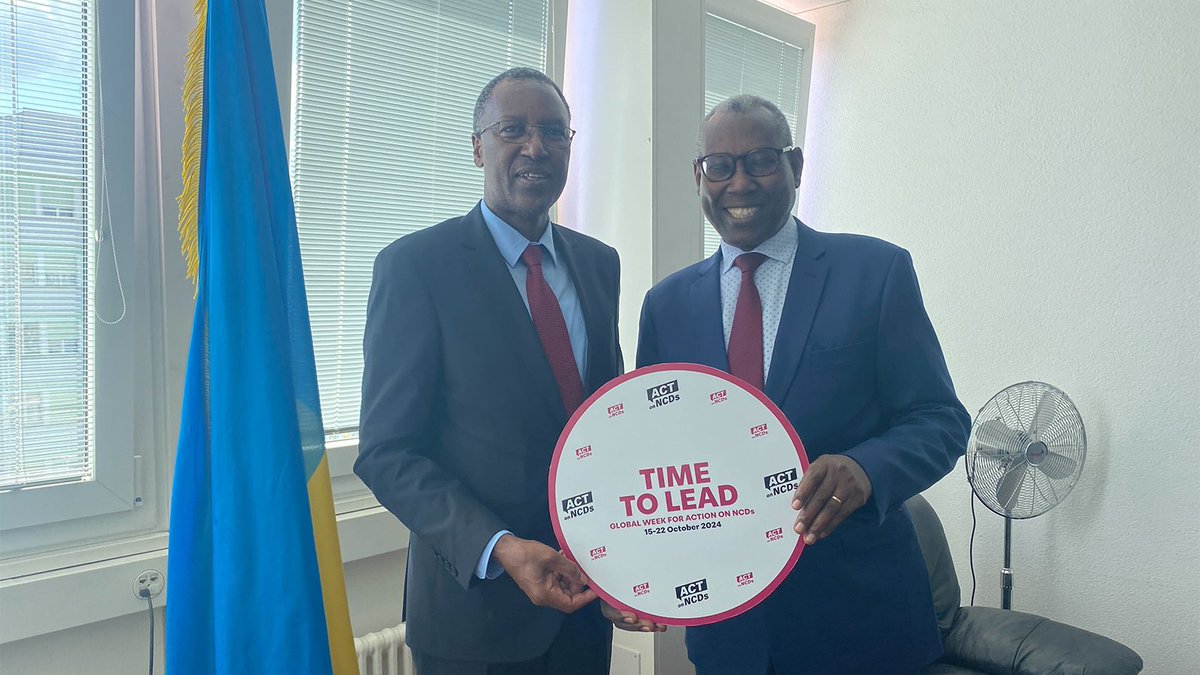 ⏰Rwandan Ambassador says it's time to #LeadOnNCDs 💪 🤝Visit to the Ambassador at @RwandaInGeneva to talk w/ him about the upcoming Global NCDA Forum (#NCDAF2024) and the process towards the 2025 #UNHLM on NCDs.  🤝Our @AlisonDDCox & Prof Joseph Mucumbitsi, Chair of @RwandaNCDA