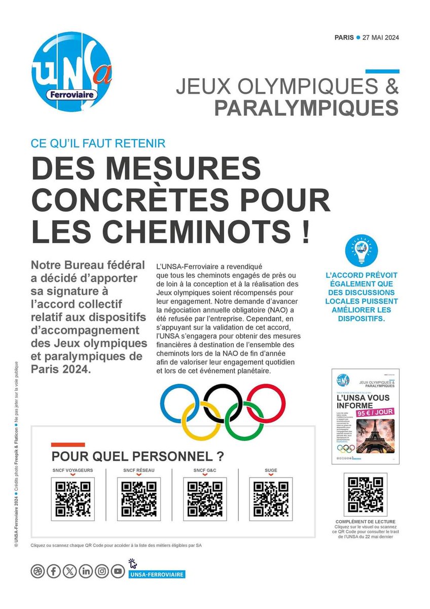 JEUX OLYMPIQUES & PARALYMPIQUES
L'UNSA-Ferroviaire signe l'accord = des mesures concrètes pour les cheminotes & cheminots !

@afpfr @GroupeSNCF