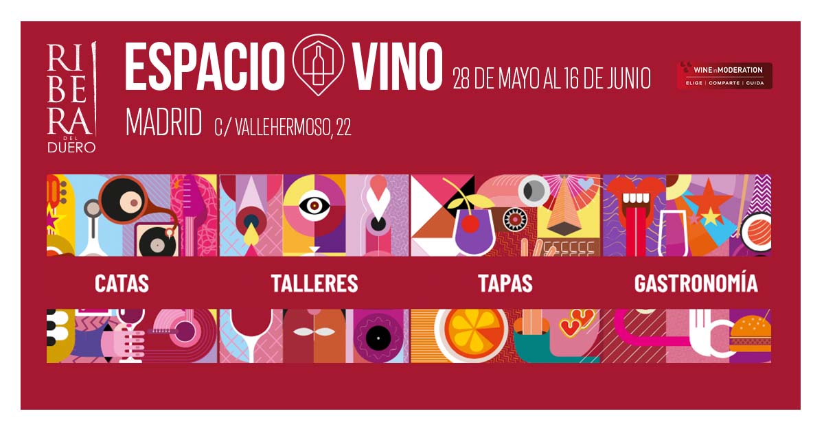 📅 ¡Espacio Vino vuelve a Madrid del 28 de mayo al 16 de junio! 🎨🍽️ No te pierdas talleres, catas y tapas únicas. Nos vemos allí con nuestro vino tinto crianza 2020 🍇

#TómateLasCosasConVino #riberadelduero #crianza #EspacioVino #EventosMadrid #VinoTinto #Crianza2020