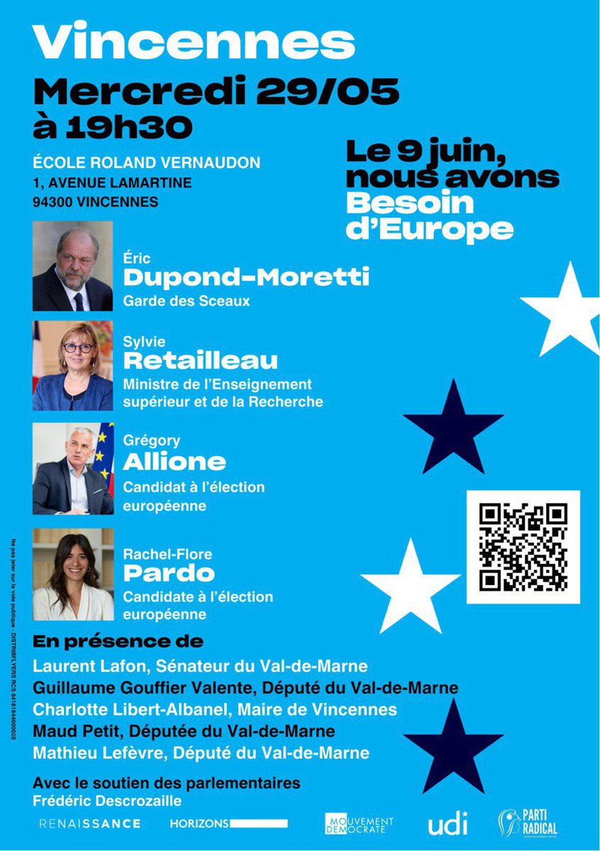 🇪🇺Campagne des européennes, on vous donne rendez-vous demain à l’école Vernaudon à Vincennes pour rencontrer nos candidats @GregoryAllione et @rachelflore ainsi que @sretailleau et @E_DupondM. @Libert_Albanel @L_Lafon @MaudPetit_AN94 @MathieuMlefevre @ValerieHayer @BesoindEurope