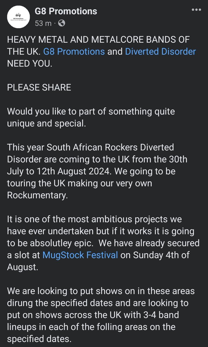 Fans, bands, promoters and venues! G8 Promotions and @DivertedDisord2 need your help!

More info on the full Facebook post:
facebook.com/share/p/U2fQmW…

#buriedbymyheartache #diverteddisorder #helpneeded #tour #bands #fans #venues #promoters