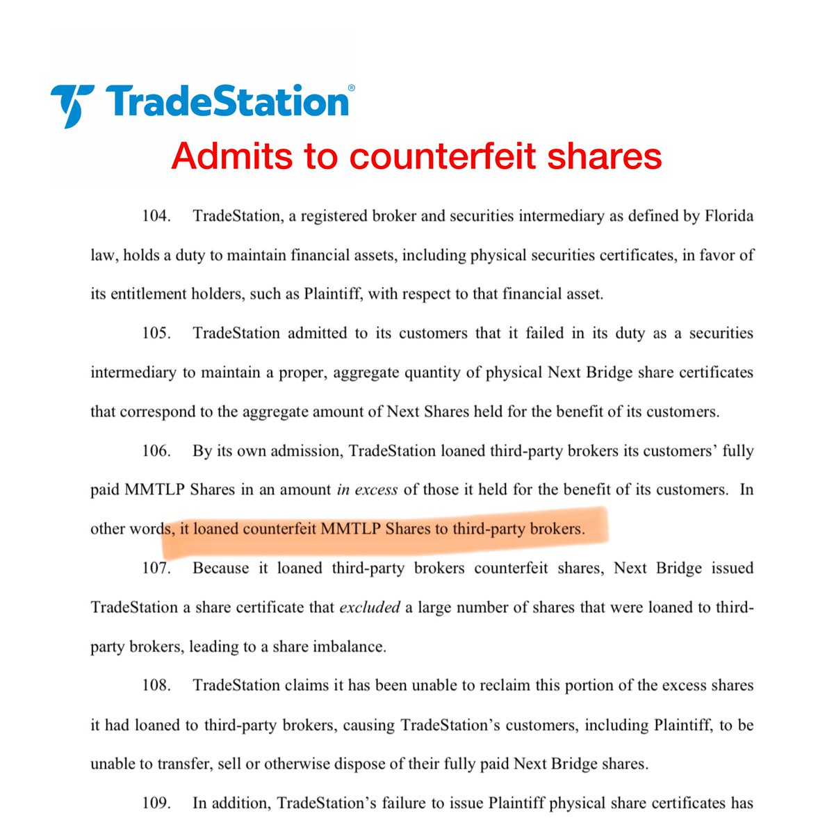 RICO LAWSUIT AGAINST BROKERAGE FIRM TRADESTATION 🚨

TradeStation allegedly profited from selling their customers “COUNTERFEIT SHARES” ⏬ RT

TradeStation admits to their customers they no longer have enough shares to transfer over to AST making all shares counterfeit $MMTLP