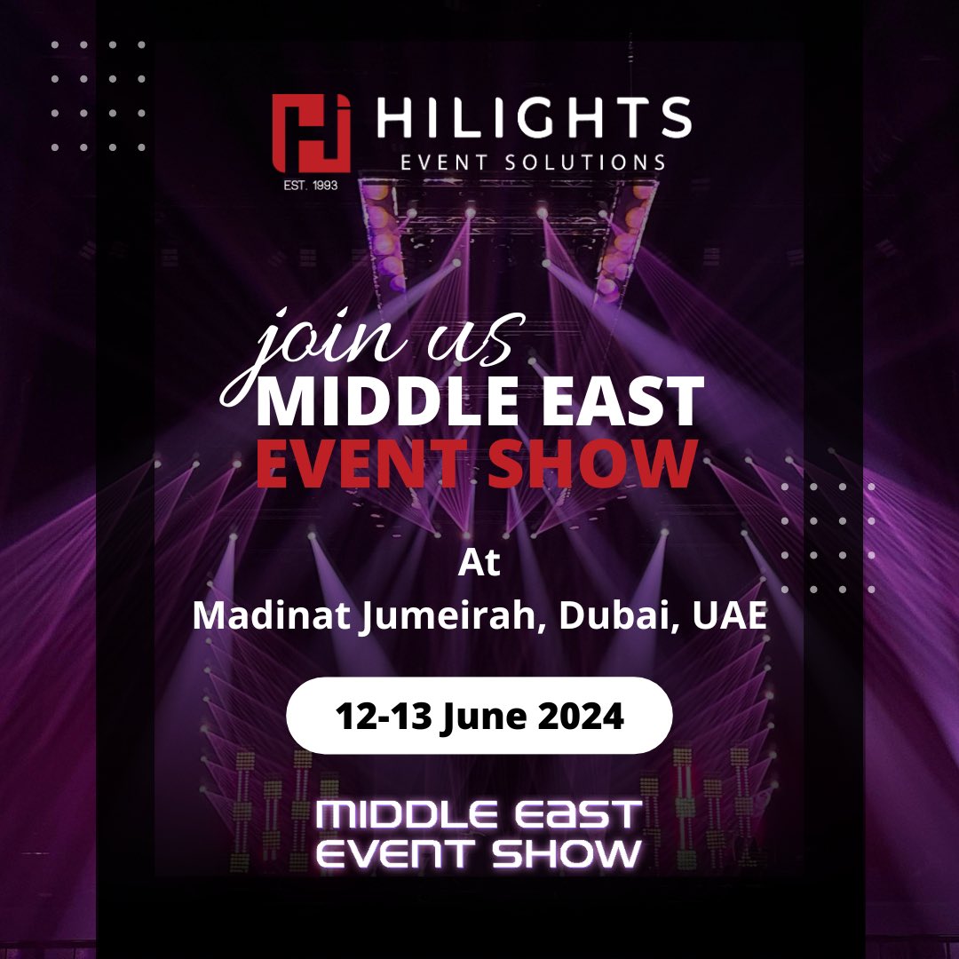 Countdown begins! Join us at the Middle East Event Show in Jumeirah, Dubai!🌟 From June 12th to 13th, 2024, visit our booth [B30] to explore Hilights Group’s innovative event solutions. Discover our offerings and align with our vision for unforgettable experiences. See you there!
