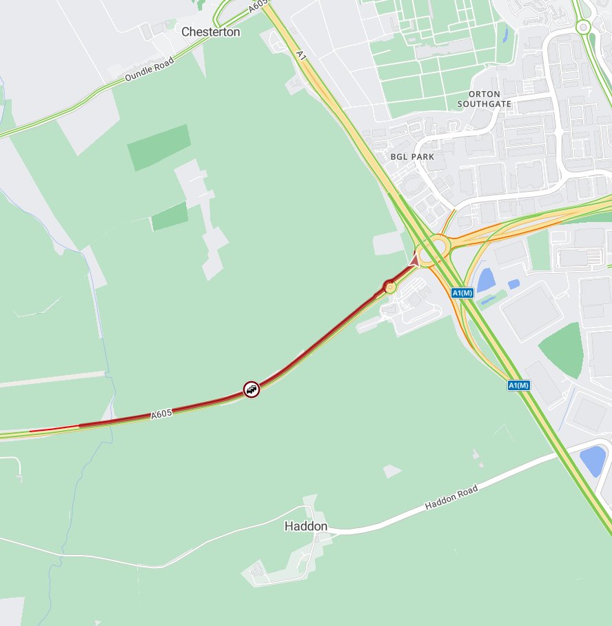 ⚠️#A605 #Haddon approaching roundabout with #A1M; DELAYS eastbound due to a broken down vehicle. Queues of over a mile. 

Please allow extra time for your journey.