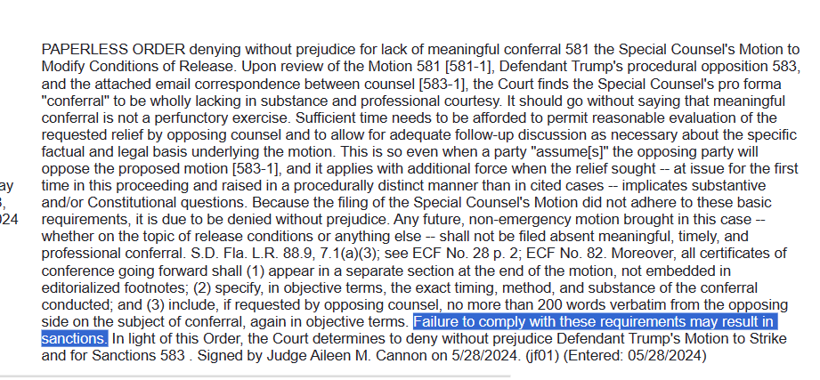 BREAKING: Judge Cannon, as expected, denies Jack Smith's proposed gag order, warns sanctions could be next if he keeps violating the rules.