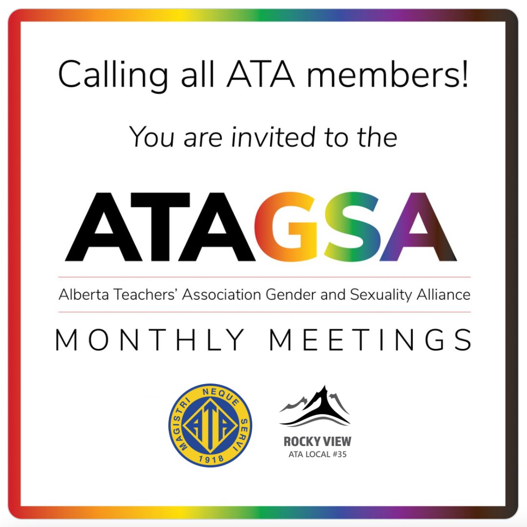 You're invited to the June 6 virtual meeting of the Alberta Teachers GSA! 2SLGBTQIA+ staff and allies are welcome to attend from anywhere in the province. 

Please get in touch with Kristine Wilkinson at 780-447-9476 or kristine.wilkinson@ata.ab.ca.