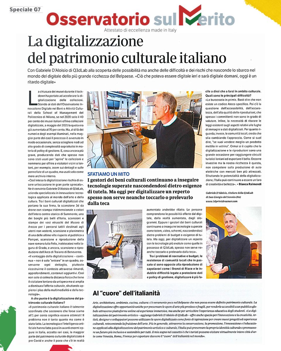 Q3DLab's tweet photo. Sull'OSSERVATORIO DEL MERITO,speciale dedicato a tutte le realtà che spiccano nell’eccellenza Made in Italy. Il nostro CEO ha raccontato la Q3DLab e la digitalizzazione del patrimonio culturale #osservatoriosulmerito #madeinitaly #IlGiornale #ilgiornale #gabrieledaloisio #q3dlab https://t.co/5PqNZpjlNM