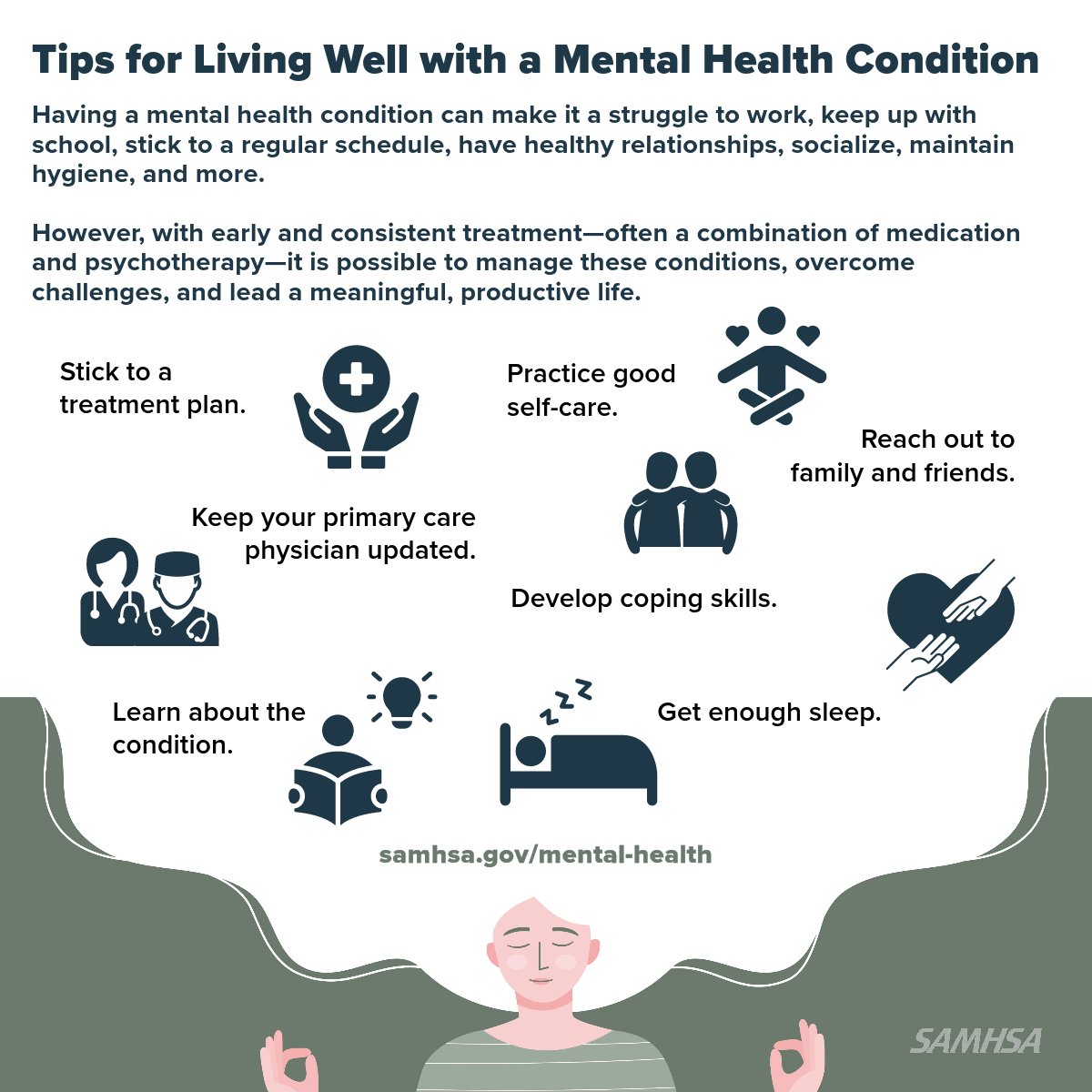 samhsagov's tweet photo. Having a mental health condition can disrupt relationships, make it hard to work &amp; more. With support &amp; treatment it’s possible to lead a meaningful, productive life. #MHAM2024

Here are some tips for living well with a mental heath condition: https://t.co/c5LmYsxeew https://t.co/dwFoDeff38