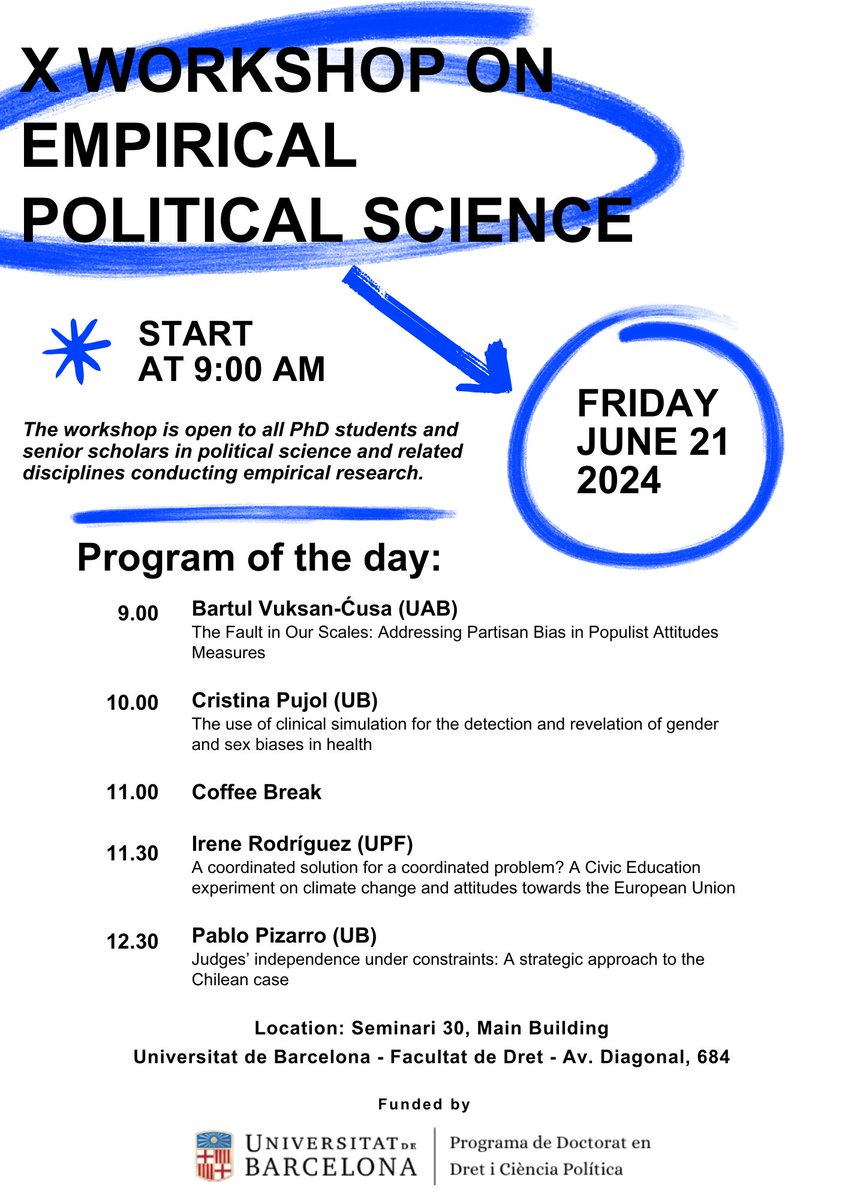 📢On Friday June 21 we will be hosting the X Workshop on Empirical Political Science 
Don't miss these presentations by PhD researchers from <a href="/cpa_uab/">Ciencia Política UAB</a> <a href="/PolitiquesUPF/">UPF Ciències Polítiques i Socials</a> and our own
📌Seminari 30 <a href="/Dret_UB/">Facultat de Dret UB</a> 
📅21/6, 9.00-13.30