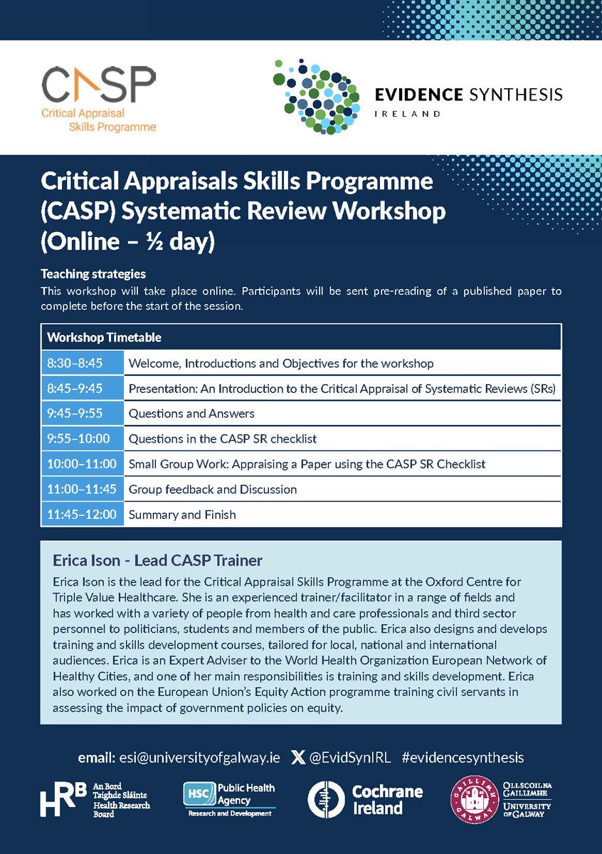 📢 Join our @CASPUK Systematic Review Workshop on June 11th 📢 Led by Erica Ison, this online half-day event will enhance your ability to interpret and use research evidence effectively. Open to everyone with tickets @ €30 (& 3 CPD credits). Register at eventbrite.ie/e/critical-app…