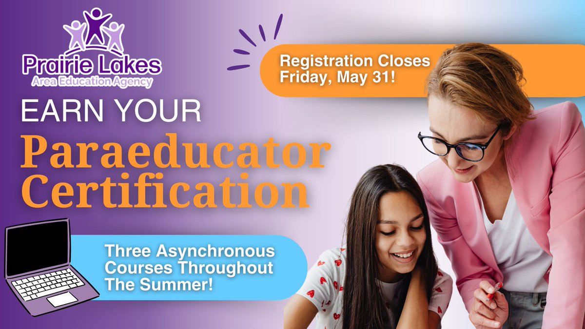 Looking to start your career in education? Become a paraeducator at your local school! The deadline to register is Friday, May 31.

Get started: secure.smore.com/n/dcku7-paraed… #PLAEA #EveryDayAtPLAEA