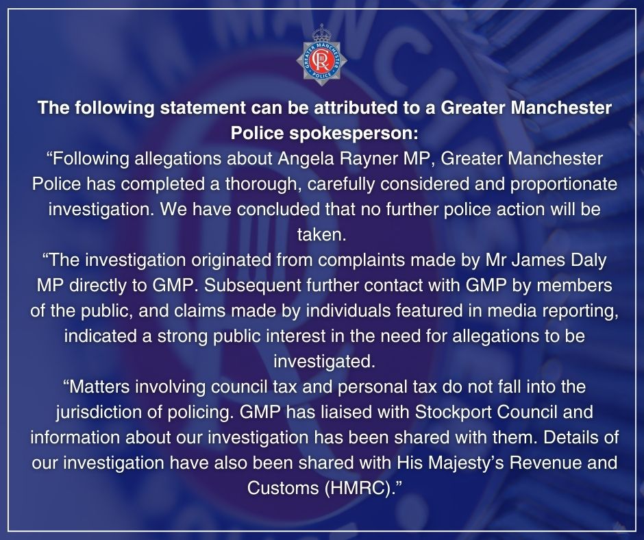 #UPDATE | Investigation into Angela Rayner MP concludes. After a thorough, carefully considered and proportionate investigation, we have concluded that no further police action will be taken.
