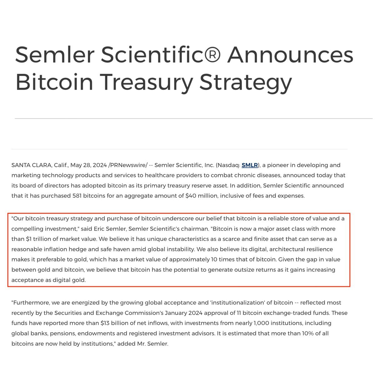 JUST IN: Semlar Scientific has bought $40m #Bitcoin for its balance sheet and adopted Bitcoin as its primary treasury reserve asset.