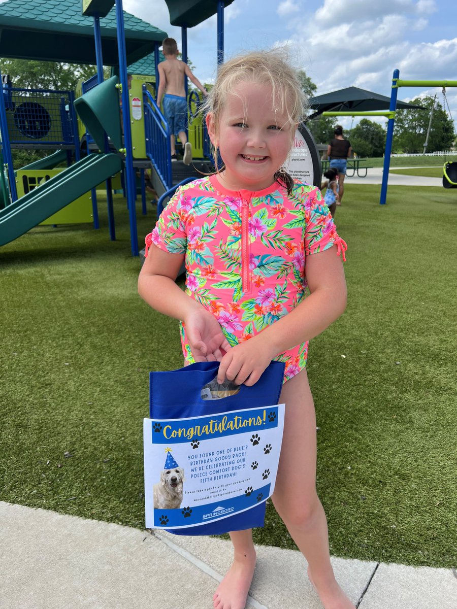 Yippee for Addie! She found a Treasure bag at Kacie Jane Park!  In celebration Springboro PD's Blue's 5th birthday, we're hiding FIVE bags with fun stuff in various Boro parks! Clue: 'This is a good place for shade.' Happy Hunting! #springboroevents #springboroparks