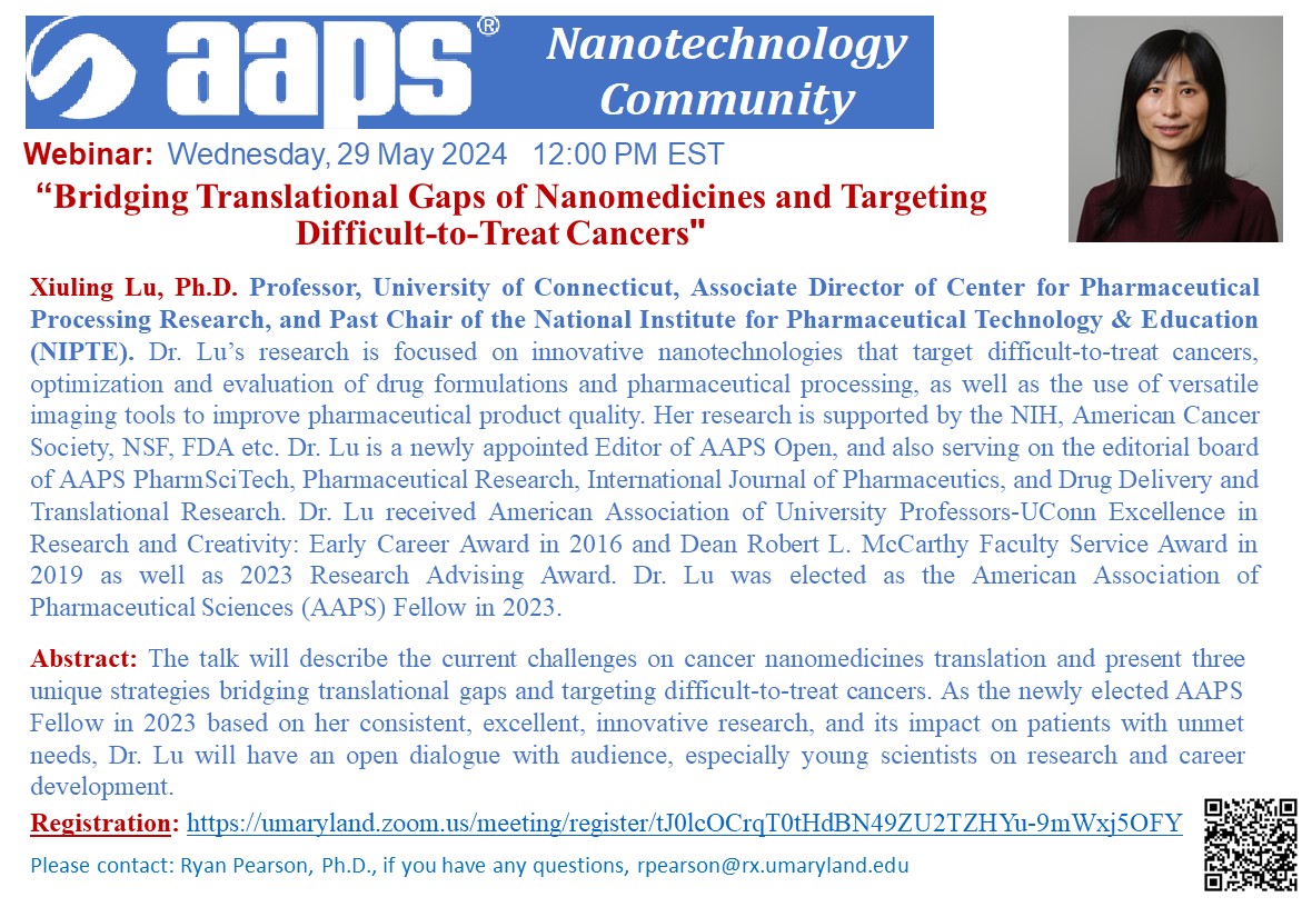 Ryan M. Pearson, PhD (@ryanmpearson) on Twitter photo Don't miss @AAPSNano webinar tomorrow (May 29) at 12 pm EST by Dr Xiuling Lu <a href="/UConnPharmacy/">UConn Pharmacy</a> on: “Bridging Translational Gaps of Nanomedicines and Targeting Difficult-to-Treat Cancers" Free Registration: tinyurl.com/jzkcvesp <a href="/AAPSComms/">American Association of Pharmaceutical Scientists</a> Don't miss @AAPSNano webinar tomorrow (May 29) at 12 pm EST by Dr Xiuling Lu <a href="/UConnPharmacy/">UConn Pharmacy</a> on: “Bridging Translational Gaps of Nanomedicines and Targeting Difficult-to-Treat Cancers" Free Registration: tinyurl.com/jzkcvesp <a href="/AAPSComms/">American Association of Pharmaceutical Scientists</a>
