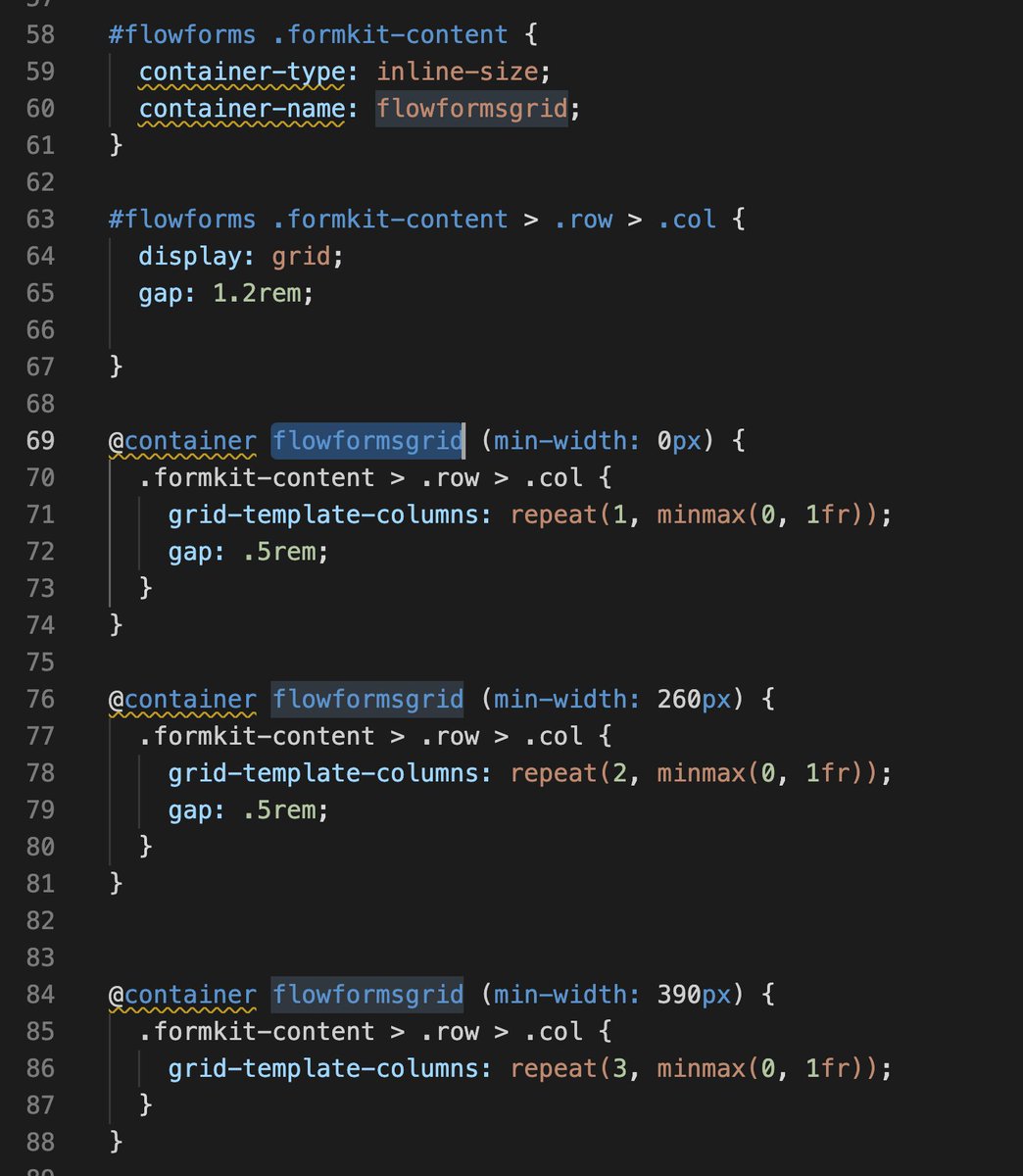 phartenfeller's tweet image. Here are the CSS definitions. I define that .formkit-content is a container based on its inline size and give it a name. With @ container I can change how many columns will be displayed next to each other based on the container&apos;s current width.