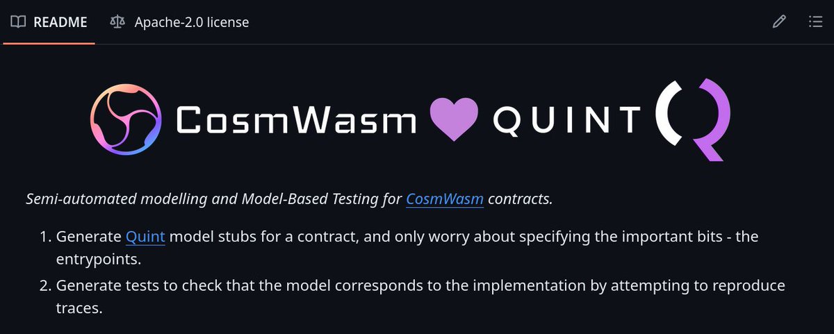 Today is a happy day for me: the cosmwasm-to-quint project is finally public! Check it out: github.com/informalsystem…

From any <a href="/CosmWasm/">CosmWasm</a> contract, you can:
🔸Generate Quint model stubs
🔸Generate model-based test files (in Rust)

And with that:
🔸Find bugs and inconsistencies in