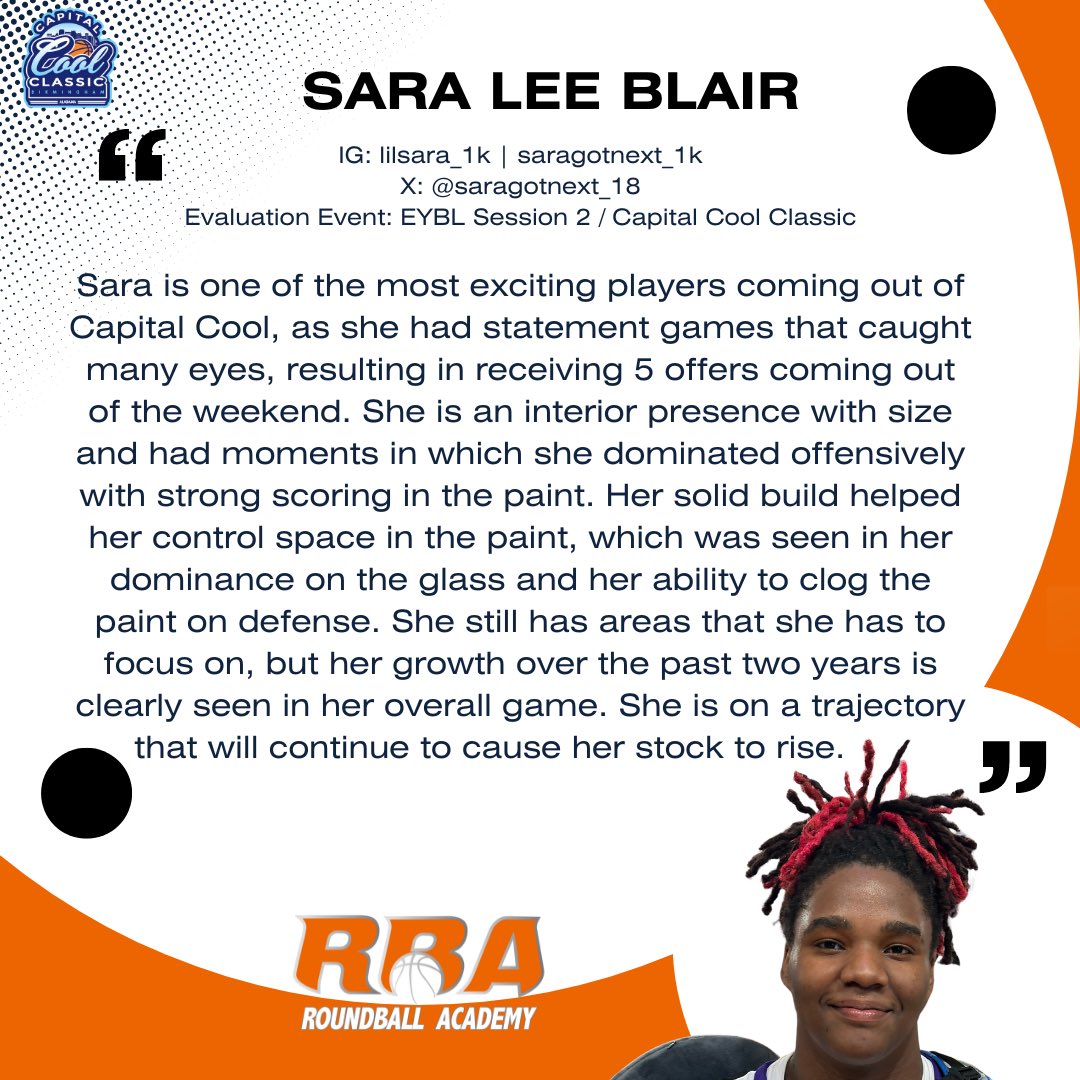 Sara Lee Blair (6'5/PF|C/'25/Essence 11th EYCL) is an interior presence who had a good showing at #CapitalCoolClassic and is seeing her stock rise this summer.      
   
#RBANoticeables #RoundballAcademy #RBA #TerryTalks #RBAEvents #NikeGirlsEYBL #2024EYBL #Road2CHI