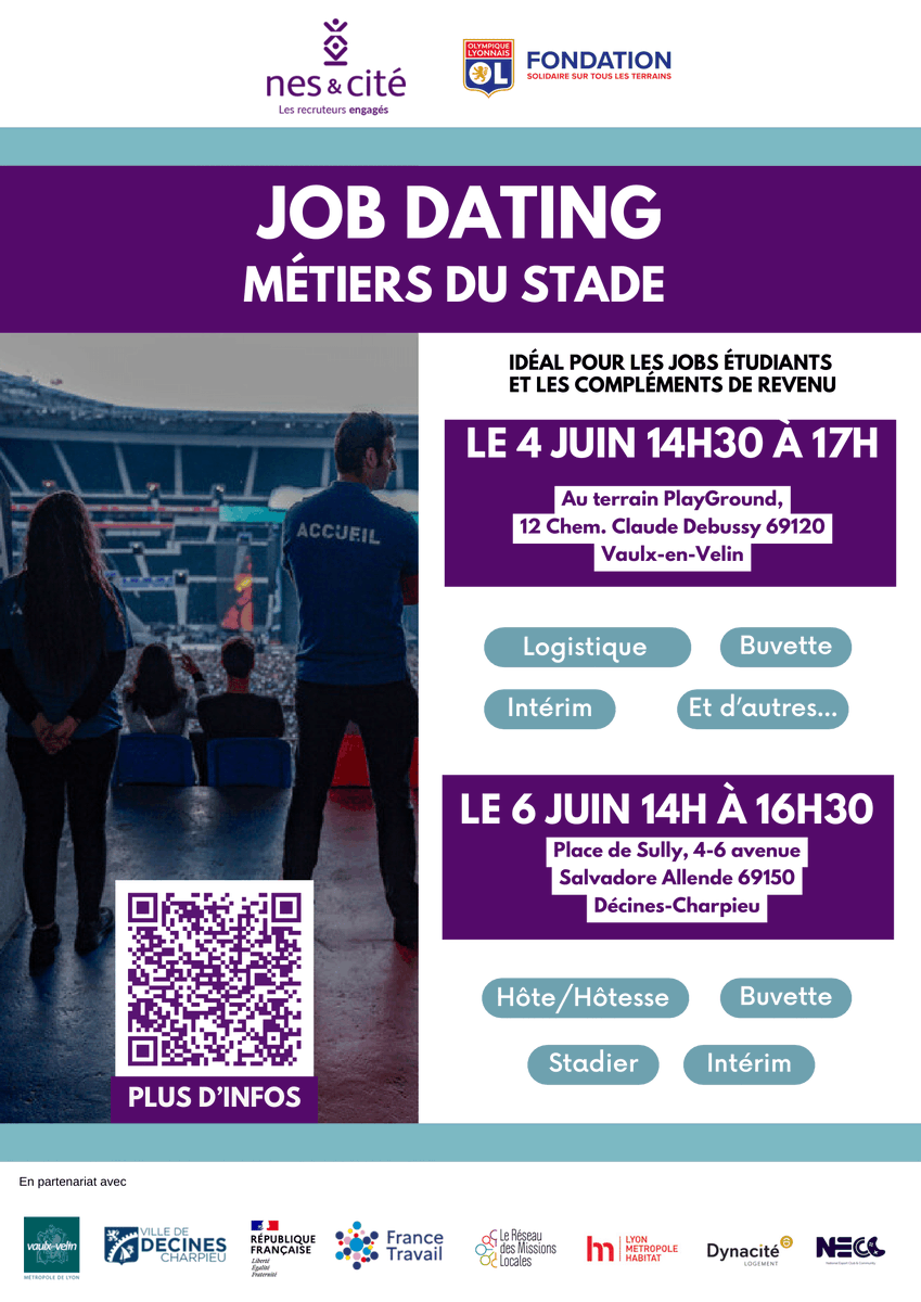 🚨 OPPORTUNITÉS PROFESSIONNELLES 🚨

L'association <a href="/Nes_et_Cite/">Nes & Cité</a> en partenariat avec @OLfondation organisent un job dating des métiers du stade le 04 juin à Vaulx-en-Velin

Le NECC sera présent pour vous proposer des animations sur #FC24, #Tekken8 et #mariokart 🎮