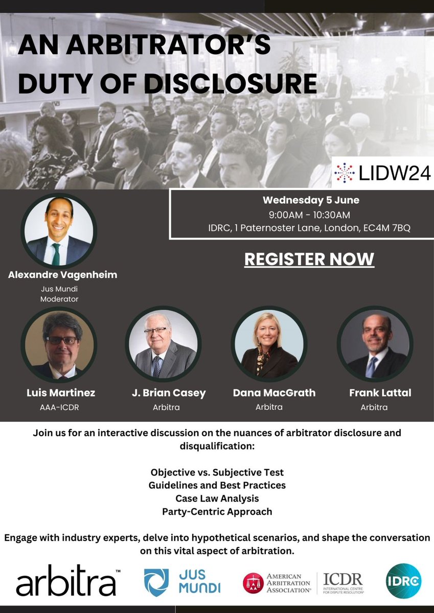 Arbitra International will discuss an Arbitrator's Duty of Disclosure during LIDW 2024! 

📅 Date: Wednesday 5 June 2024
🕒 Time: 9:00AM to 10:30AM
📍 Location: IDRC, 1 Paternoster Lane, London, EC4M 7BQ

lnkd.in/e8y2tsXH