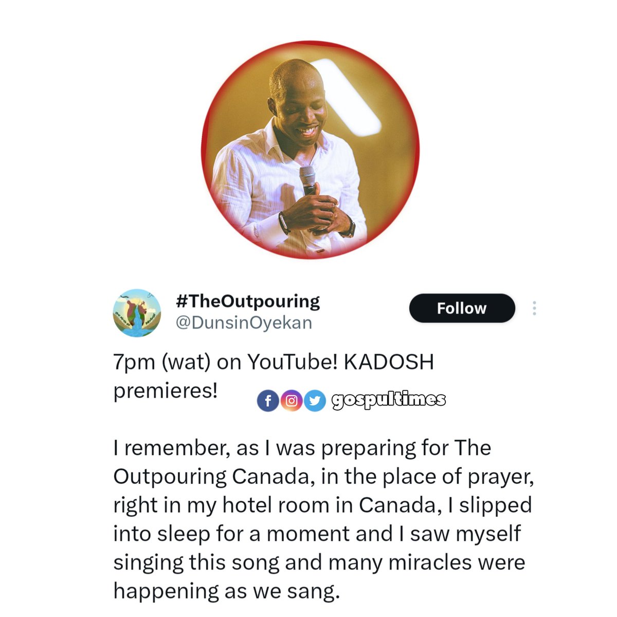 Min. Dunsin Oyekan shared how he got his newly released song 'KADOSH'

Follow @gospultimes 
.
.
#gospelupdates #gospel #gospelartist #gospelsongs #gospultimes
