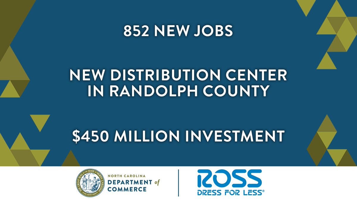 NEWS: Ross Stores, Inc. will create 852 jobs in #RandolphCounty, @NC_Governor announced today. The company will invest $450 million to build a Southeastern region distribution center in the City of Randleman.
More: bit.ly/4bxljBy
#EconDev #RuralDev