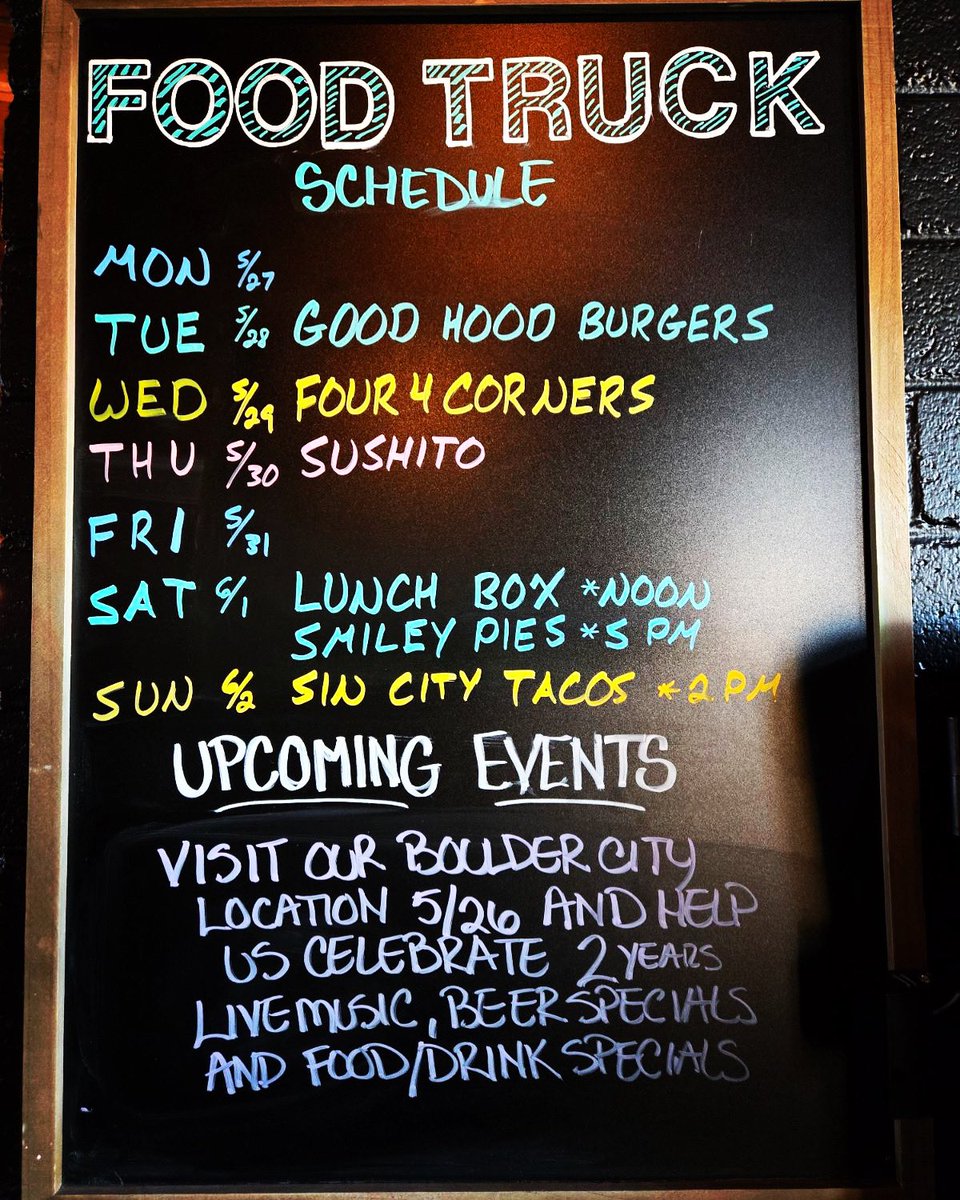 Here are this week’s food trucks down at the brewery! 🍔🌮🌯🍕🌭🥟🍟 #foodtrucks 

Monday: 
Tuesday: @goodhoodburgers 
Wednesday: @4corners_streetkitchen 
Thursday: @sushito_lv 
Friday: 
Saturday: @thelunchbox.lv at noon &amp; @heysmileypies 5pm
Sunday: @sin_city_tacos_llc at 2pm