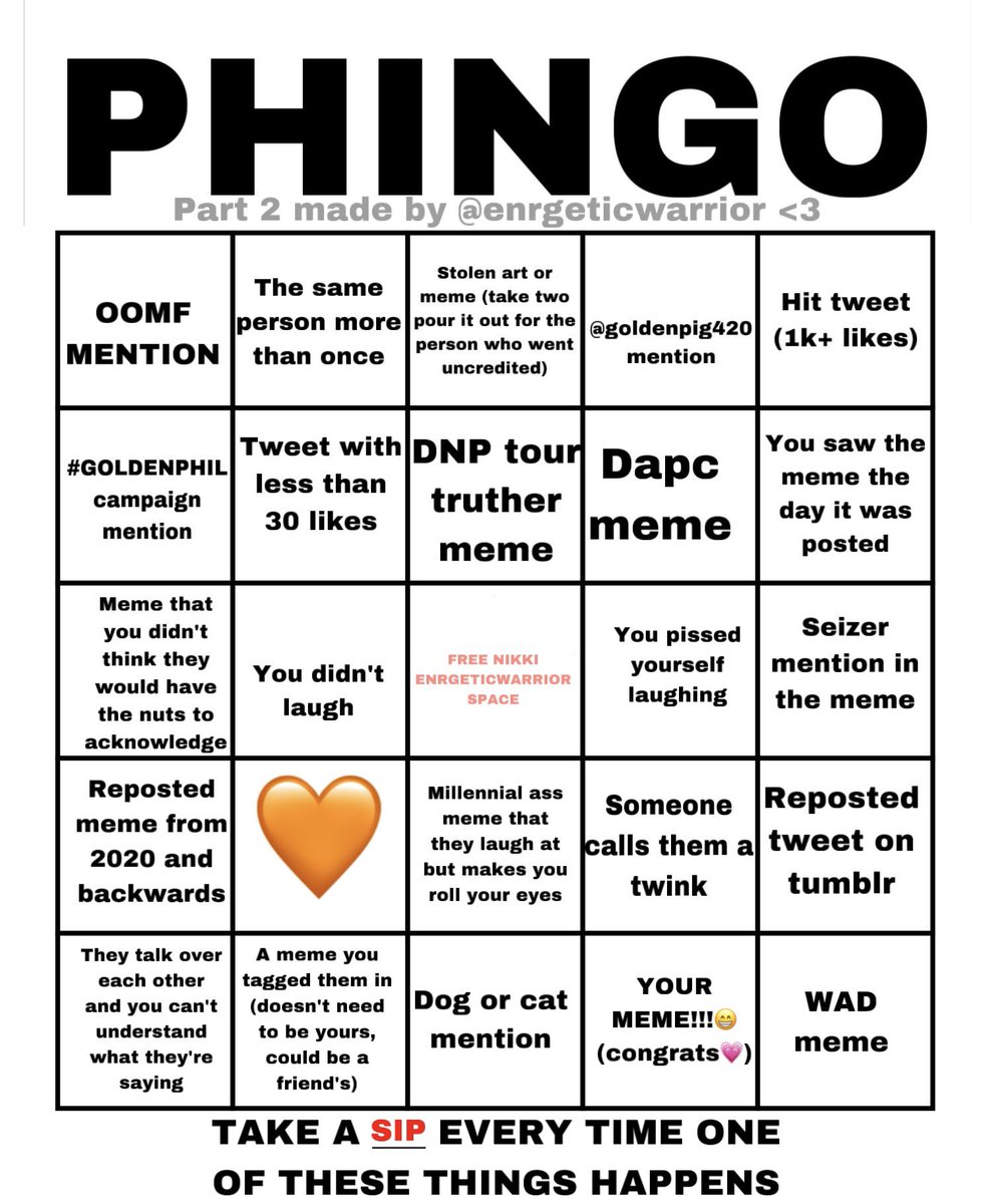 Back w another bingo board for phan meme reactions! I advise u take a *sip* for each bc the last vid was oomfchella & I made my way through 1/2 bottle of soju. Play along while u watch the video:)

Feel free to do this w alcohol or nonalcoholic bev of choice

@DanAndPhilGAMES :)
