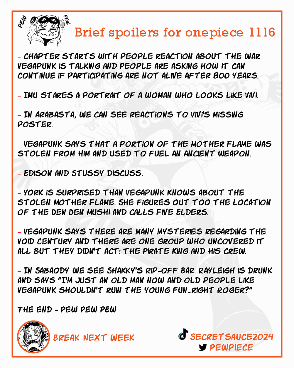 #ONEPIECE1116 #OPSPOILERS  

BRIEF SPOILERS FOR ONEPIECE 1116

(Thanks to : secretsauce2024 )