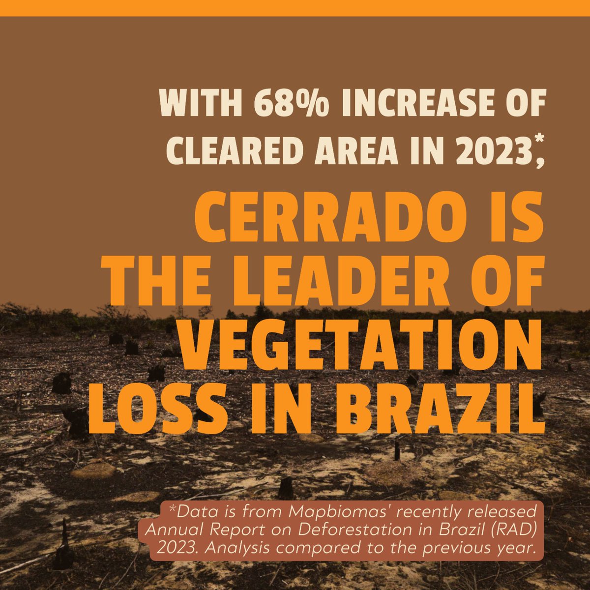 Brazil_Office's tweet photo. #SOSCerrado For the first time, the Cerrado biome has surpassed the Amazon in terms of the size of the area cleared. According to the new MapBiomas report - Annual Deforestation Report in Brazil (RAD) - the Brazilian savanna had the highest deforestation rate inin 2023. https://t.co/b02gEgZsi0