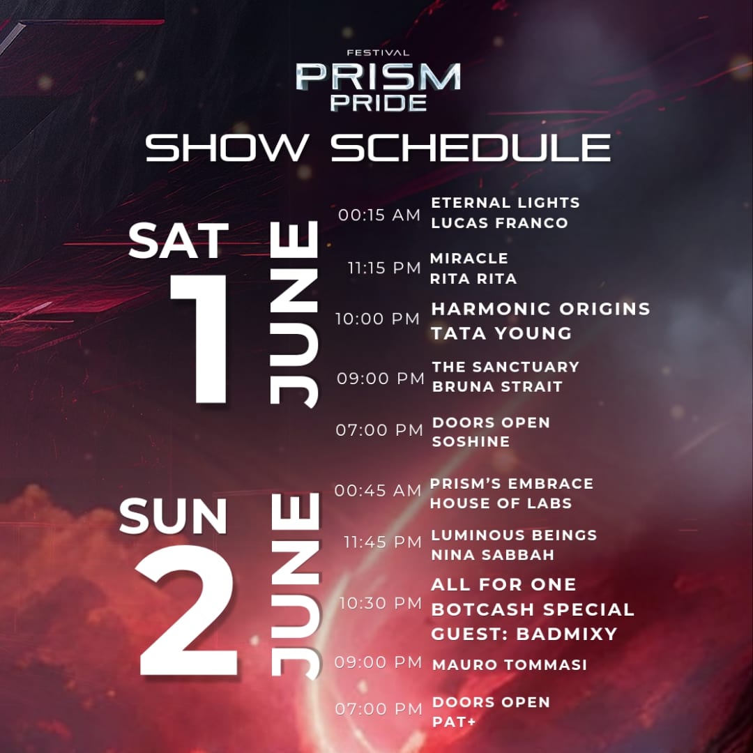 🌈 Dive into your schedule for PRISM Pride 2024! 🎉 

Join us from the start and experience every moment of magic! Uncover the magic within and let it ignite the music within your soul.

📅  June 1-2, 2024
📍 Venue: Sphere Hall, 5M Floor, EmSphere, Bangkok
#PRISM2024 #PrismPride