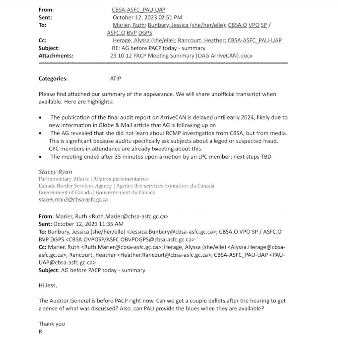 CBSA emails on ArriveCAN with “proposed responses” are contradicted that same day by the Auditor General - “The AG revealed she did not learn about RCMP investigation from CBSA, but from media. This is significant because audits specifically ask subjects about suspected fraud.”