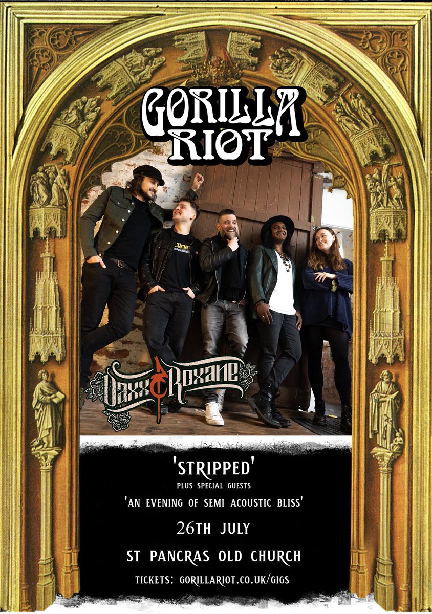 Daxx & Roxane (@daxxroxane) on Twitter photo Really excited to be joining our good buddies <a href="/GorillaRiotRock/">Gorilla Riot</a> for the first time since 2020❤️
Catch us for a beautiful night of stripped-back rock n roll on the 26th of July for an acoustic night at <a href="/StPancrasChurch/">St Pancras Church</a> 🤘
Get your tickets here 🎫
wegottickets.com/event/611051 Really excited to be joining our good buddies <a href="/GorillaRiotRock/">Gorilla Riot</a> for the first time since 2020❤️
Catch us for a beautiful night of stripped-back rock n roll on the 26th of July for an acoustic night at <a href="/StPancrasChurch/">St Pancras Church</a> 🤘
Get your tickets here 🎫
wegottickets.com/event/611051
