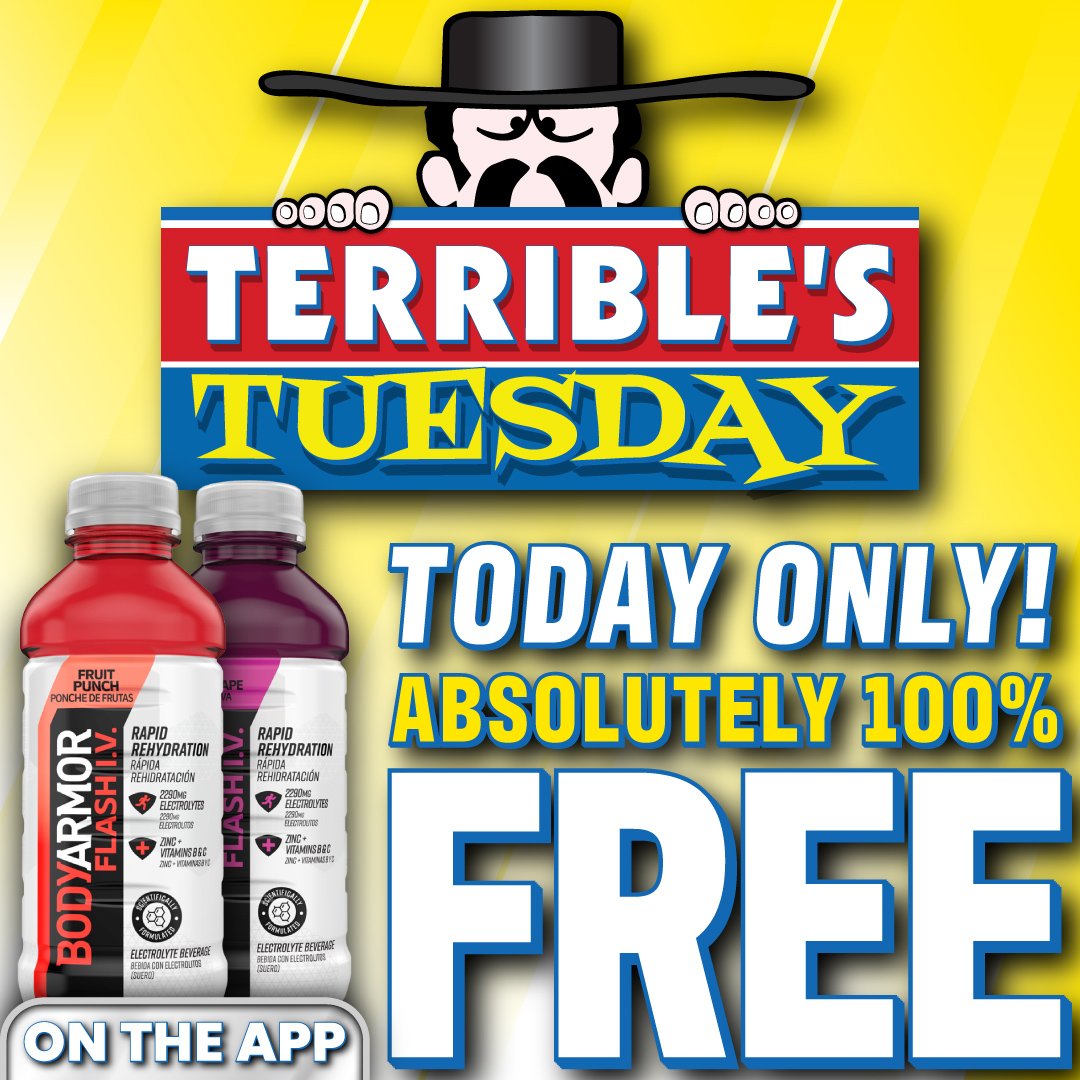 Need to refuel after the weekend?!  Try a FREE @DrinkBodyArmor Flash IV on us with the Terrible’s App!! 🤠

#terriblestuesday #deliberatelydifferent