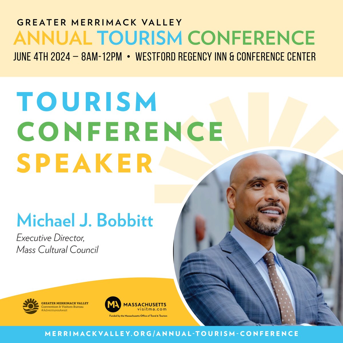 🌟 Spotlight on Michael J. Bobbitt! 🌟 We're excited to welcome Michael J. Bobbitt, Executive Director of @MassCultural Council, as a distinguished speaker at the 2024 Annual Tourism Conference. merrimackvalley.org/annual-tourism… #MerrimackValley