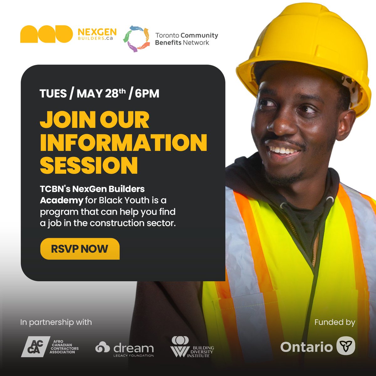 Happening Today! Join us for the NexGen Builders Academy for Black Youth program info session today, on May 28, at 6 PM to learn more. Please visit nexgenbuilders.ca/academy_info_s… to RSVP #communitybenefits #constructionjobs