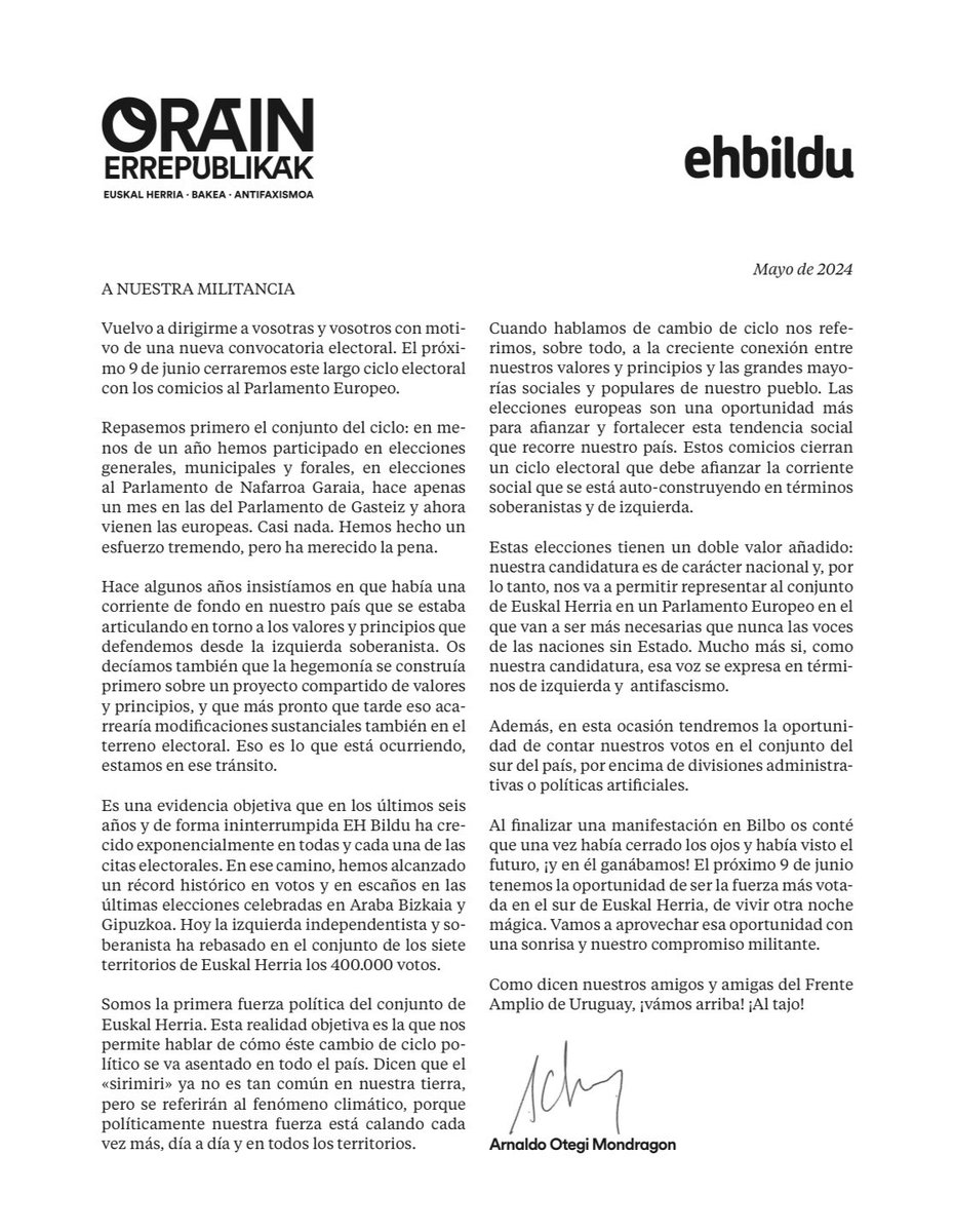 EH Bilduren militantziari gutuna. Carta a la militancia de EH Bildu. #OrainErrepublikak #AhoraRepúblicas