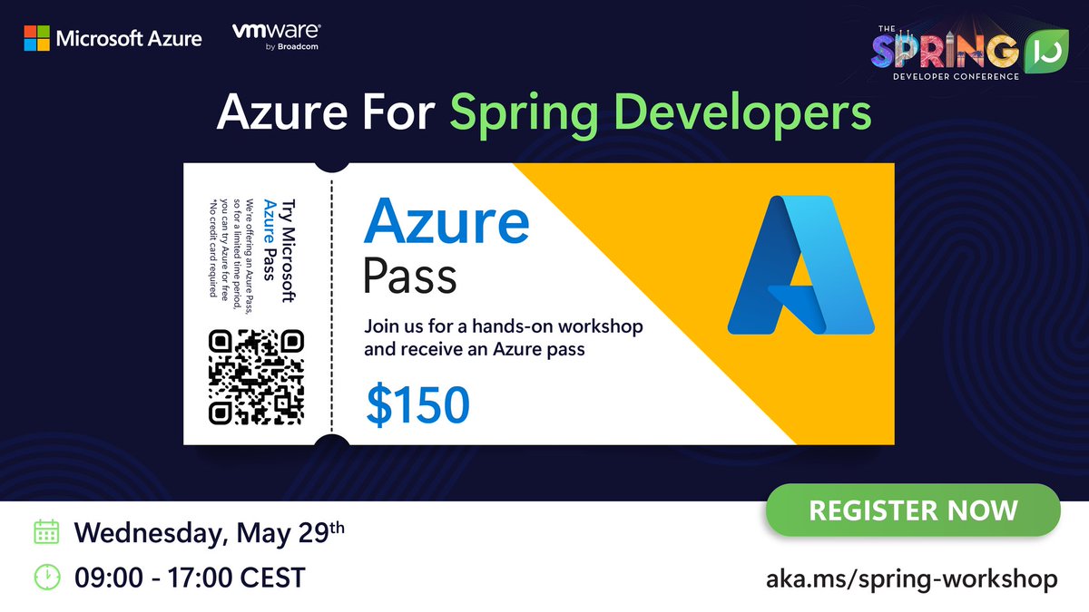 Calling all #Java &amp; #SpringBoot devs! Join us at #SpringIO24 in Barcelona for a hands-on "Azure for Spring Developers" workshop. Learn to leverage Azure for your Spring apps &amp; get a complimentary $150 Azure Pass RSVP: aka.ms/spring-workshop | Details: aka.ms/springio