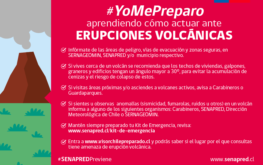 🗻 #SENAPREDPreviene #YoMePreparo Siempre que visites la zona cercana a un volcán recuerda informarte de áreas de peligro, vías de evacuación y zonas de seguridad. Más info en Sernageomin y SENAPRED y/o el municipio respectivo. Visítanos en web.senapred.cl/erupciones-vol…