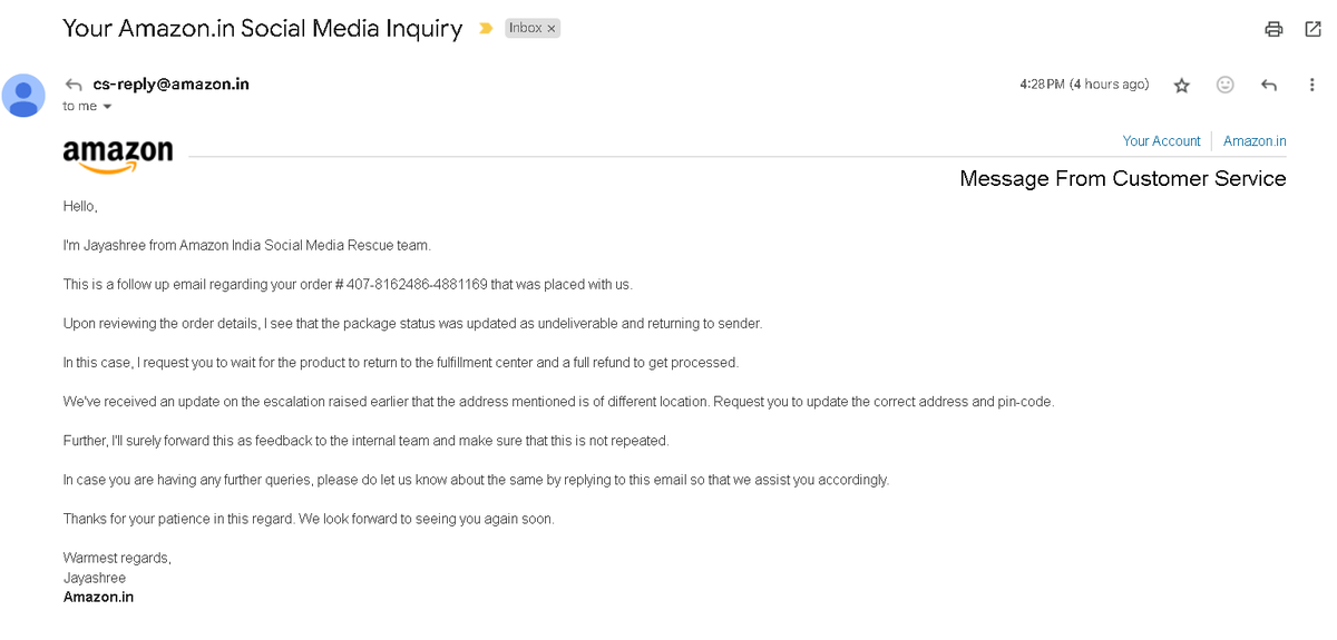 amankrm3's tweet photo. Now, they falsely claimed my address is incorrect! 😡 #CustomerServiceFail @amazonIN @JeffBezos @ajassy @AmitAgarwal @DougHerrington @dharmeshmehta @cvikas @akoyalam @itsashish4u https://t.co/kMEuOrAMok