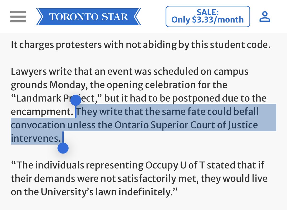 Quick fact-check: in its injunction application, @UofT says a continued @occupyuoft encampment at King’s College Circle could disrupt convocation.

But convocation has proceeded without the green space in the past, such as when it was recently under renovation from 2020-23.