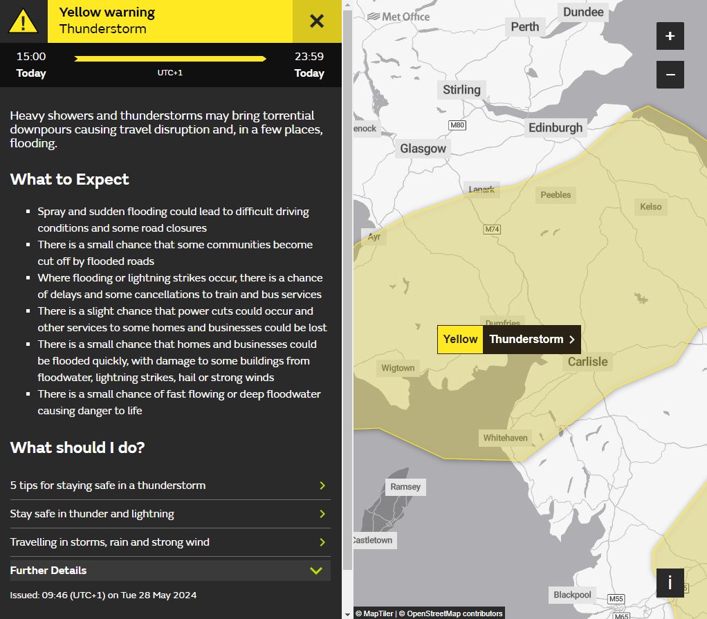 A thunderstorm warning is in force across northern parts of #Cumbria and South West Scotland 🌩️

The yellow alert from the @metoffice - which is covering the likes of #Carlisle, #Workington and #Dumfries - will be in place until midnight.