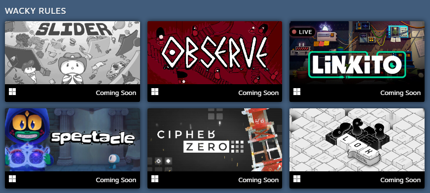 Cerebral Puzzle Showcase (May 29 - Jun 5 2025) (@puzzleshowcase) on Twitter photo Looking to play a brand new puzzle game demo? Check out the "Wacky Rules" selection in the Cerebral Puzzle Showcase 👇
⬜ LOK Digital by <a href="/blazstuff/">Blaž Urban Gracar</a> <a href="/Raindrinker_dev/">Raindrinker - Moved to bsky</a>
🍃 Cipher Zero by <a href="/zapdot/">zapdot</a>
👁️ Observe
👓 Spectacle by <a href="/halfpastyellow/">🟡 Half Past Yellow</a>
⚡ Linkito by <a href="/KalinarmDev/">Kalinarm - Dev of KAZ</a>
🎒 Slider Looking to play a brand new puzzle game demo? Check out the "Wacky Rules" selection in the Cerebral Puzzle Showcase 👇
⬜ LOK Digital by <a href="/blazstuff/">Blaž Urban Gracar</a> <a href="/Raindrinker_dev/">Raindrinker - Moved to bsky</a>
🍃 Cipher Zero by <a href="/zapdot/">zapdot</a>
👁️ Observe
👓 Spectacle by <a href="/halfpastyellow/">🟡 Half Past Yellow</a>
⚡ Linkito by <a href="/KalinarmDev/">Kalinarm - Dev of KAZ</a>
🎒 Slider