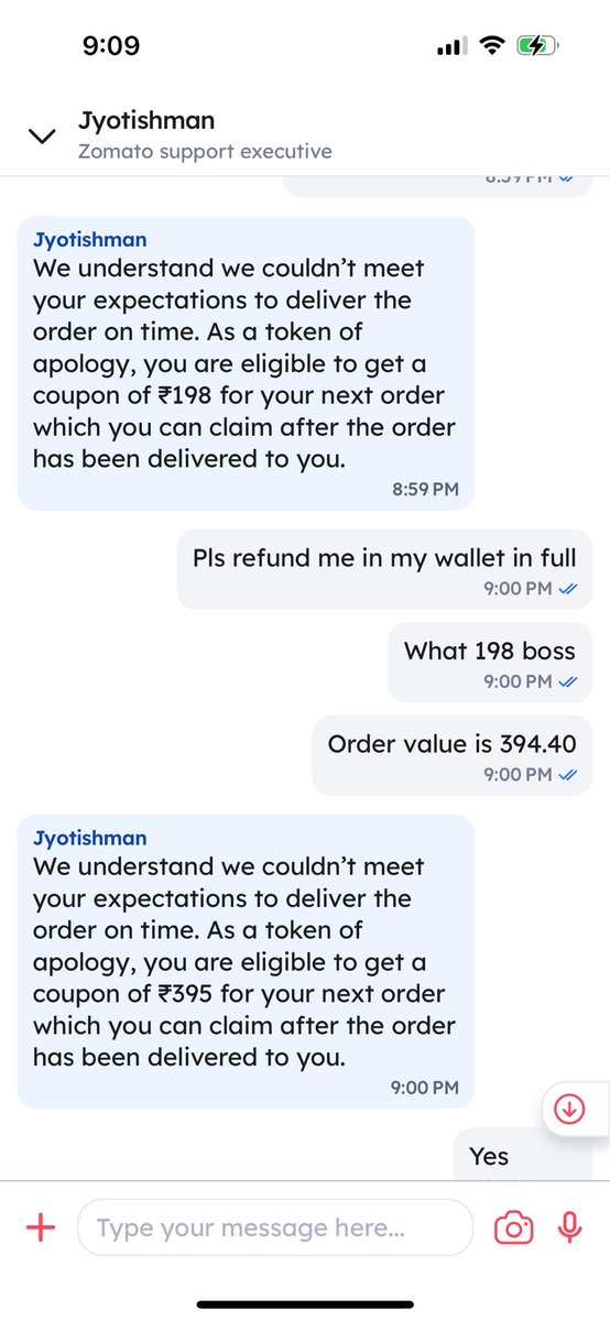 edithberts's tweet photo. @zomatocare please see these screenshots of your chat executive who tricked me last night. Order placed 6:58 and order finally delivered at 9:22. See his conversations with me when I asked to cancel the order and asking me to initiate the chat again https://t.co/p5aC8MR1aB