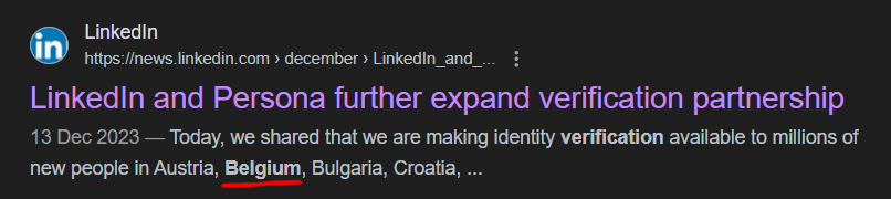 Peter Bosman (@peterbosmanbe) on Twitter photo I still have this problem, you're saying Belgium is supported to have ID verification but I keep getting this error saying my country isn't available? I live in Belgium, you're supporting Belgium so why isn't it working? (And yes, I have NFC on my ID) <a href="/LinkedInHelp/">LinkedIn Help</a> <a href="/LinkedInHelp/">LinkedIn Help</a> I still have this problem, you're saying Belgium is supported to have ID verification but I keep getting this error saying my country isn't available? I live in Belgium, you're supporting Belgium so why isn't it working? (And yes, I have NFC on my ID) <a href="/LinkedInHelp/">LinkedIn Help</a> <a href="/LinkedInHelp/">LinkedIn Help</a>